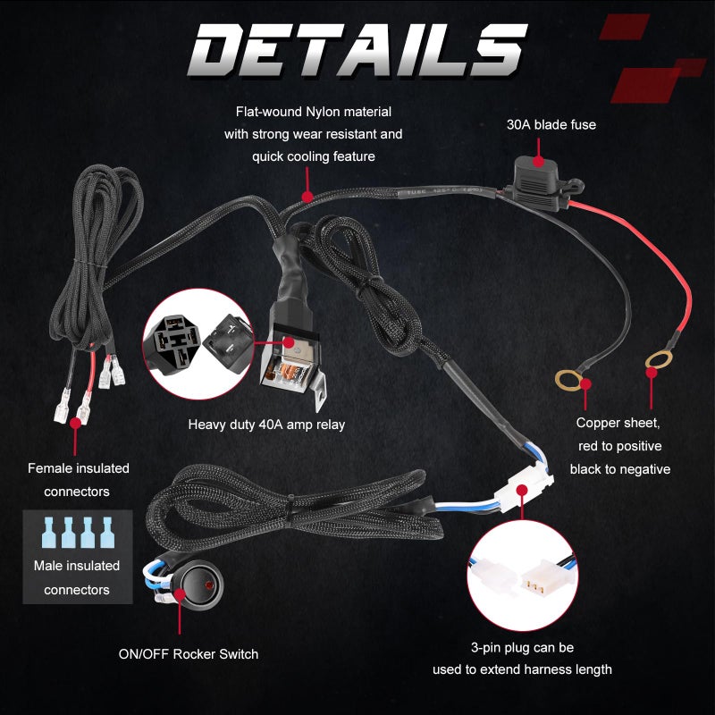 OFFROADTOWN Wiring Harness, OFFROADTOWN 2 Lead Heavy Duty Wiring Harness Kit for Fog Lights LED Work Light bar LED Pods 12V 40A Fuse Relay Rocker Switch Relay for Trucks ATV UTV Boat - Image 3